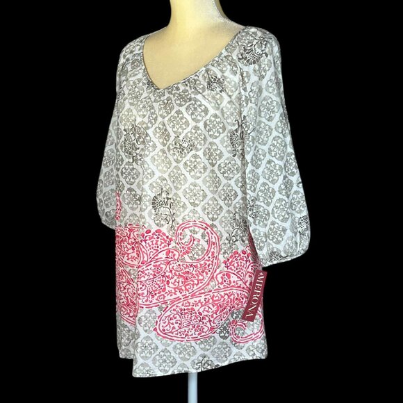 MERONA Women's Blouse 3/4 Sleeve Size Medium 100% Cotton‎ Tunic Gray Pink Casual - Picture 5 of 14